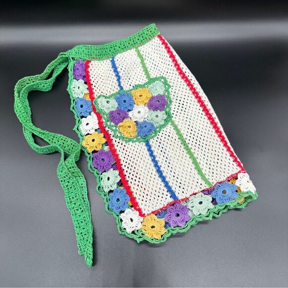 Handmade Other - Vintage Floral Apron Handmade Crochet Knitted Flowers Rainbow Stripes Retro